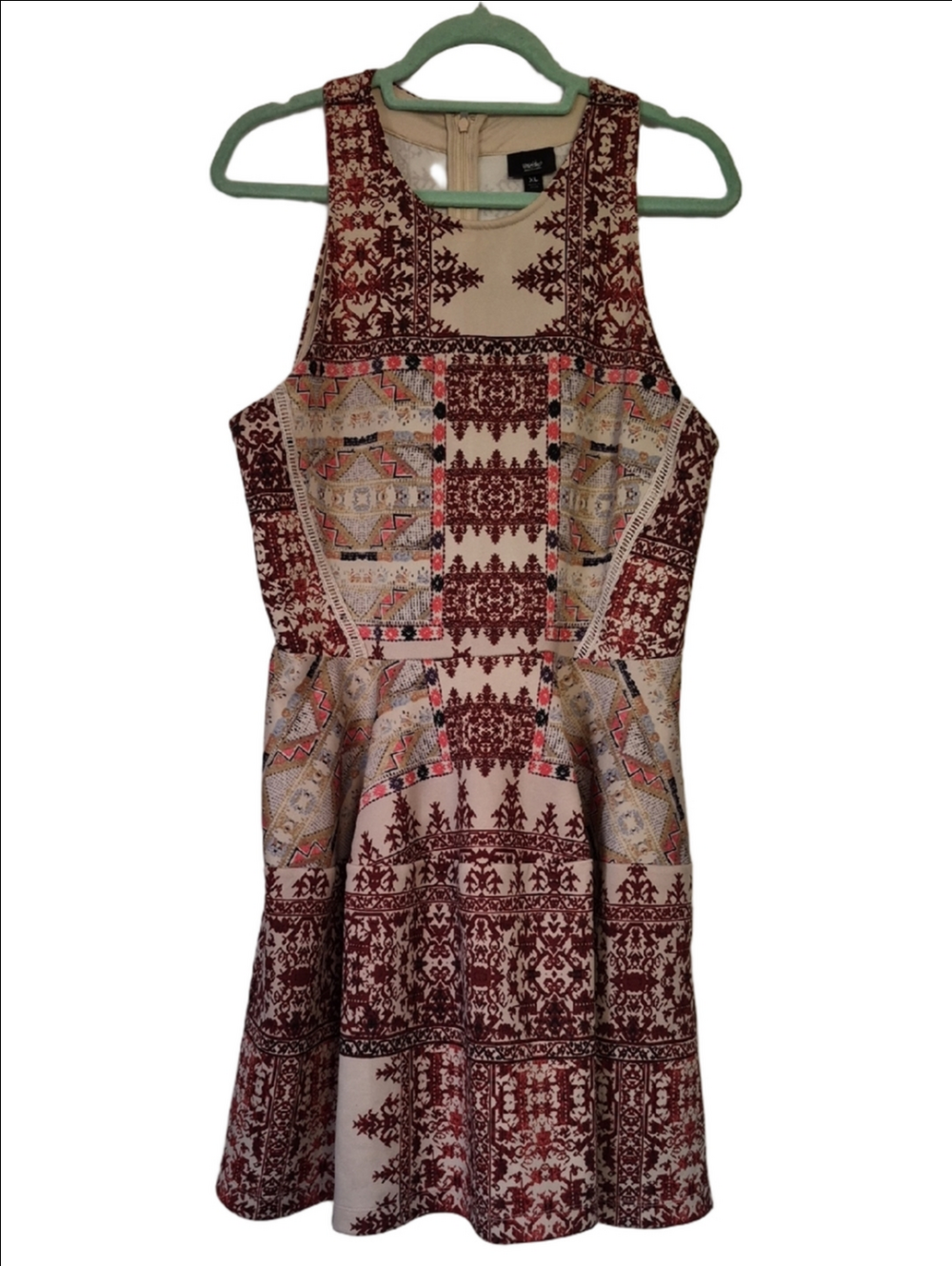 Mossimo Supply Co. Beige Taupe Dress with Burgundy Floral Print XL